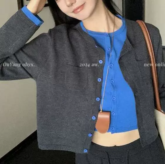 羊绒开衫女灰色拼接假两件圆领秋冬新款短款宽松女士小众上衣外套
