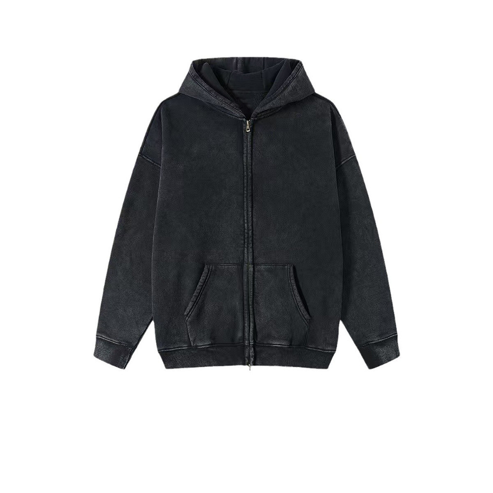 Comercio exterior 2024 marca de moda americana lavadora con sudadera con capuz cardigan retro con camisa con cremallera doble para hombres suelta sudadera con capuz