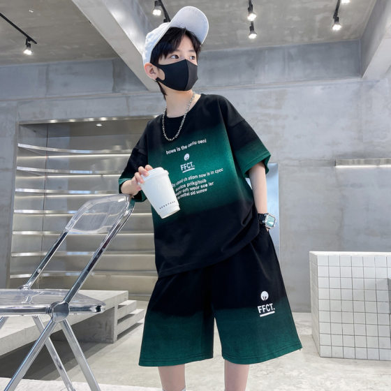 Boys' Summer Suit 2023 Children's Short-sleeved T-shirt Shorts Trendy Fashion Handsome Fried Street Two-piece Set for Middle and Big Children