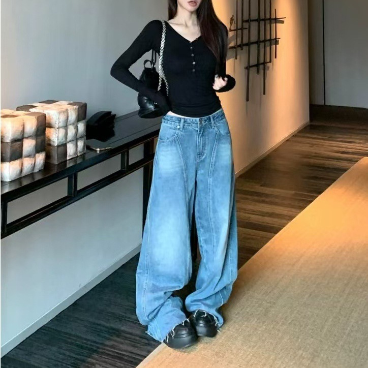 Thirteen Line Good Pants Stereo Side Washed Jeans Women's Autumn American Style Wide Leg Pants