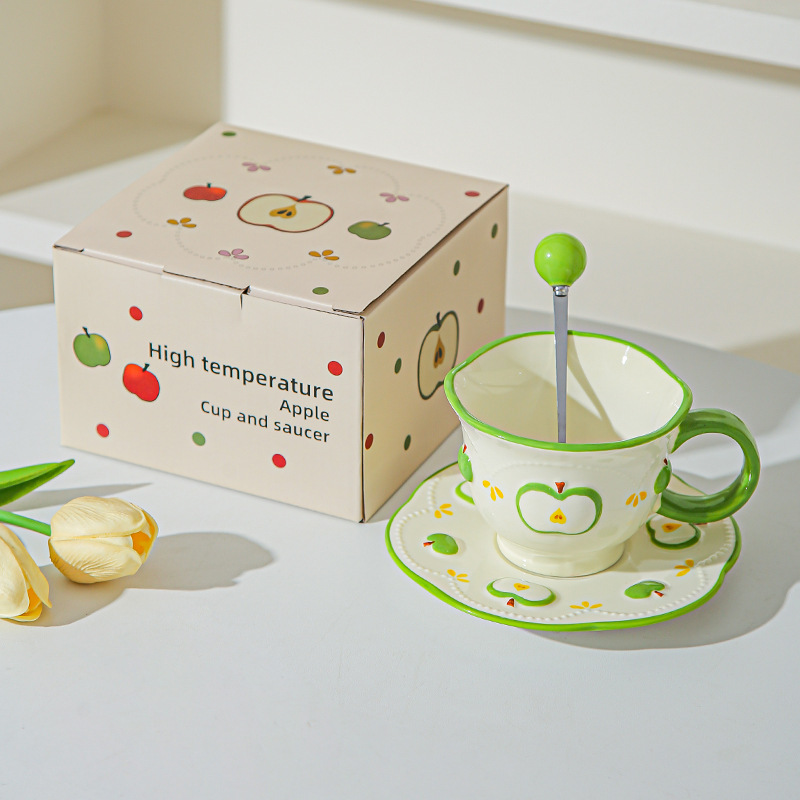 Tazas de café de cerámica de manzana, plato, taza de marca, diseño de relieve pintado a mano original, taza de agua, taza de leche de desayuno