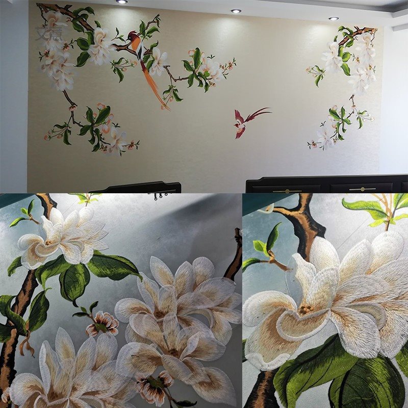 独秀刺绣墙布独绣新中式背景壁画玉兰壁布客厅电视墙美式轻奢