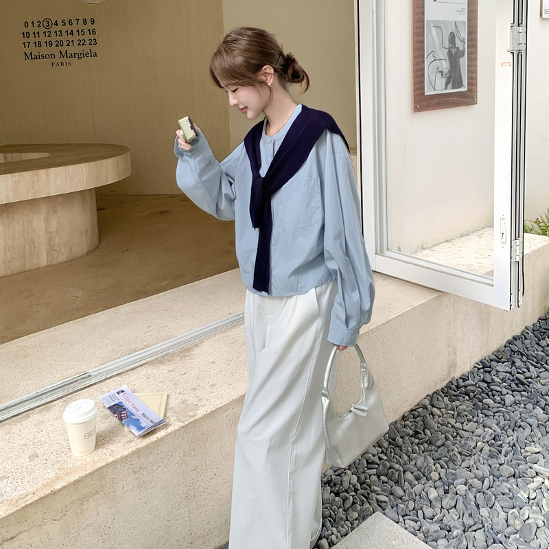 浅蓝色韩系针织披肩衬衫套装女2025秋小个子气质休闲阔腿裤两件套|undefined