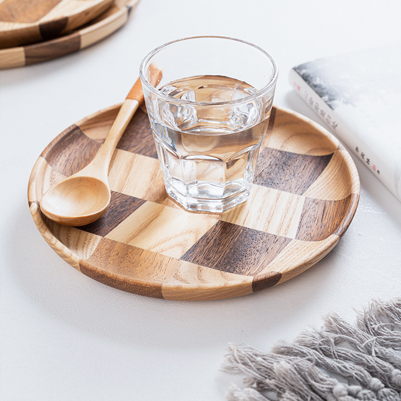 家用白蠟木拼黑胡桃實木盤子木原形水果盤復古托盤點心木碟子