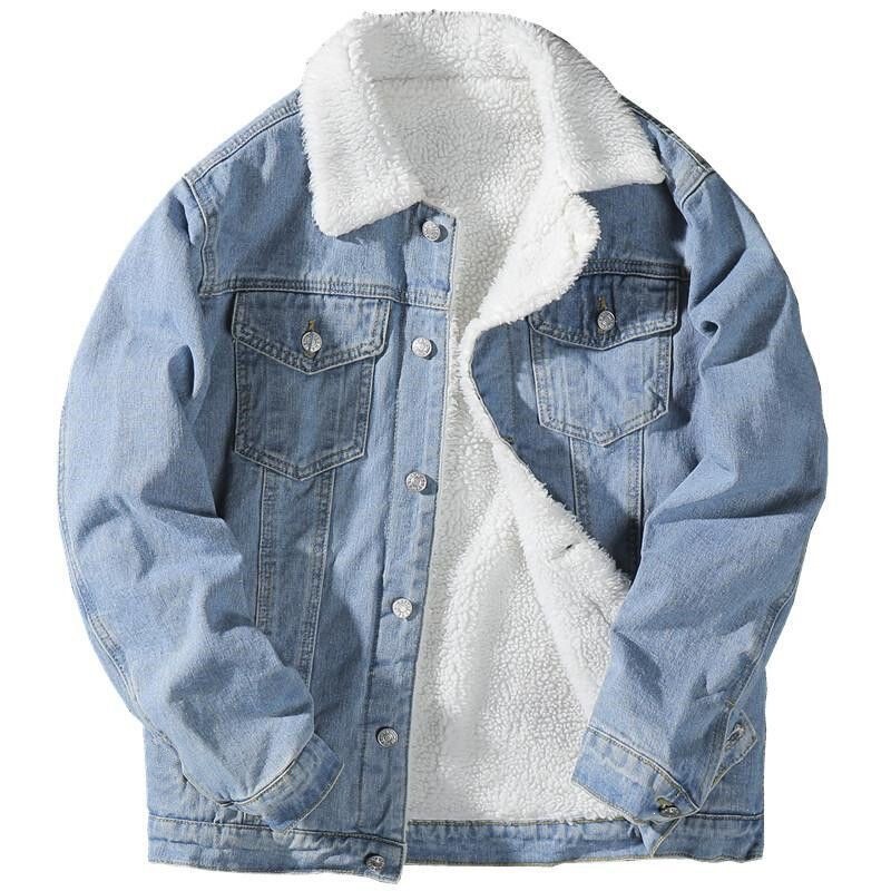 Stylish new autumn and winter lamb wool light-colored denim jacket for men, trendy Korean version, fleece-lined, thickened, warm biker jacket