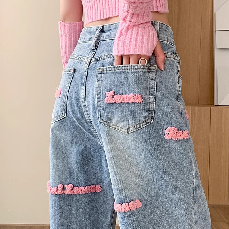 American Wide Leg Jeans Women's 2024 Spring and Summer New High Waist Slimming Design Embroidered Letter Straight Pants American Wide Leg Jeans Women's 2024 Spring and Summer New High Waist Slimming Design Embroidered Letter Straight Pants