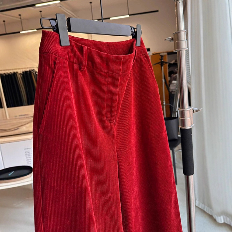 Highly Recommended! Vintage Red Corduroy Wide-Leg Pants for Women, Autumn and Winter Straight High-End Slimming Casual Long Pants