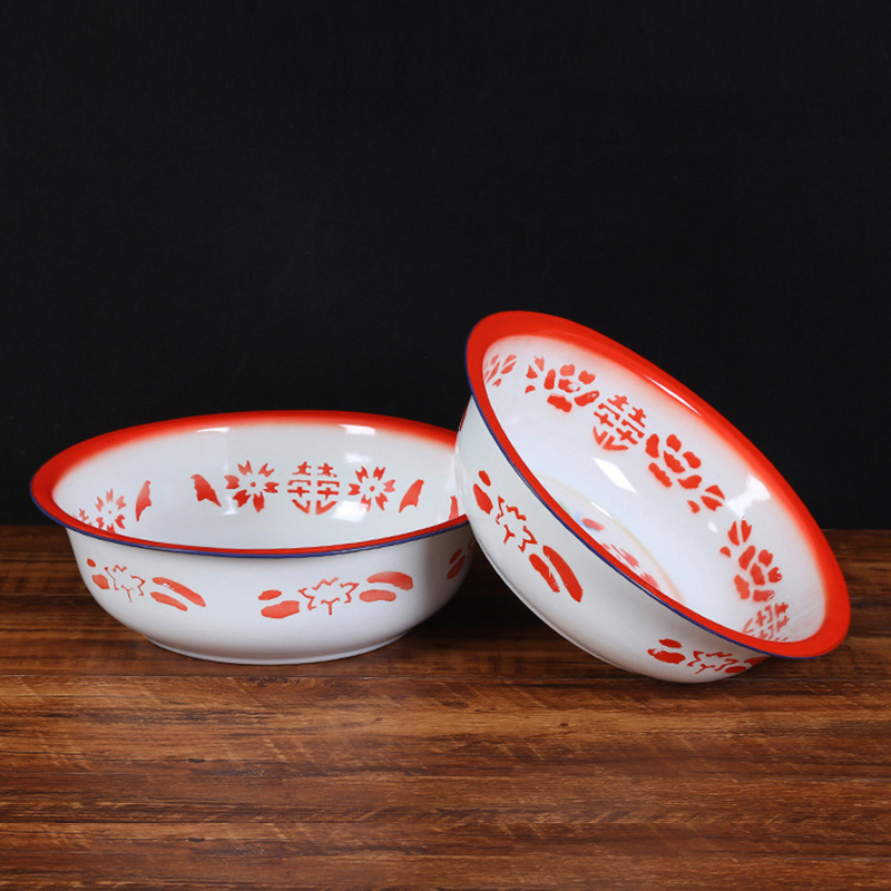 Traditional Wedding Enamel Basin, Washbasin, Dough Mixing Basin, Vegetable Washing Basin, Restaurant Soup Basin, Classic Nostalgic Lace-Edged Happy Word Enamel Basin