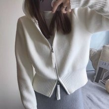 春秋新款感开衫拉链毛衣女外套甜辣妹短款上衣法式连帽针织衫