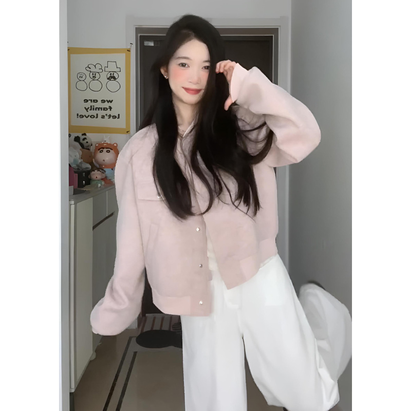 美式棒球服粉色毛呢外套女春秋季2025新款开衫小个子短款夹克上衣|undefined