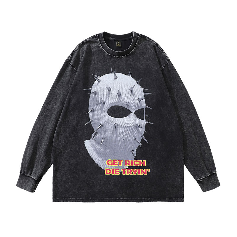 TKPA American Street Retro West Coast Hip-Hop Distressed Long-Sleeve T-Shirt for Men and Women, Washed Base Tee