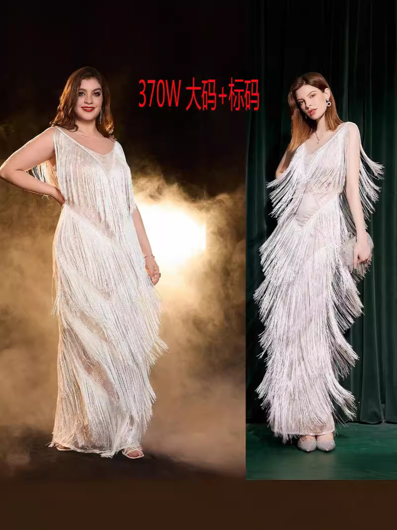 Vestido de talla grande, falda larga estándar, ropa de mujer transfronteriza, nuevo estilo de comercio exterior, cuello redondo, borla sin mangas, vestido de banquete blanco image 1