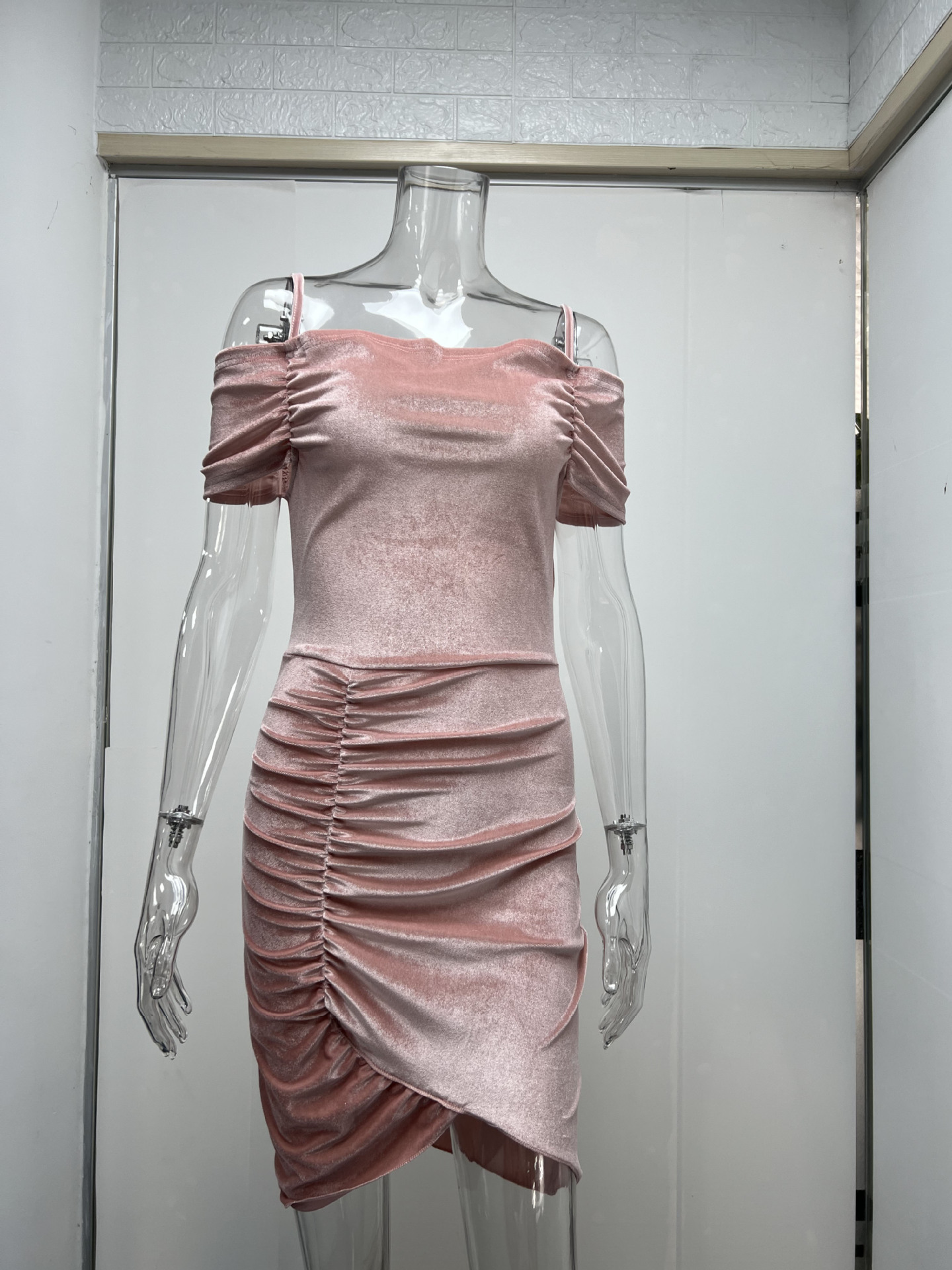 Spring Dress Sexy Slim Strap Fluff Drawstring Irregular Asymmetric Dress