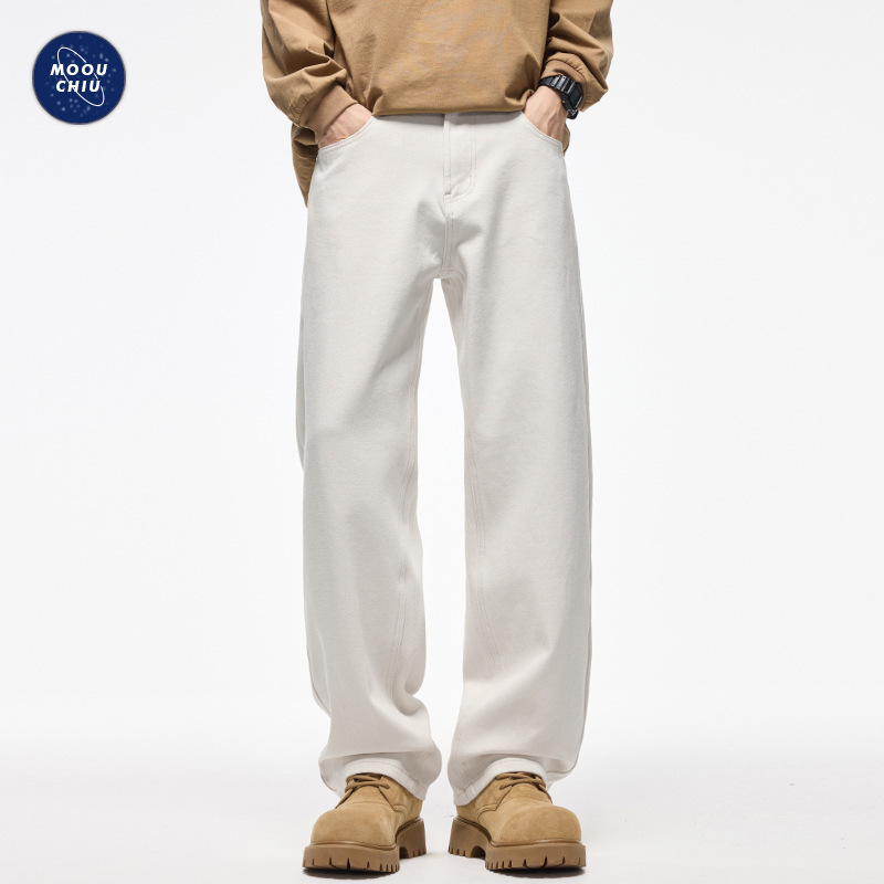 Muqiu Men's Clothing | 남성용 4방향 스트레치 오프화이트 하이엔드 리오셀 청바지 루즈 스트레이트 캐주얼 바지