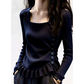 法式藏蓝色上衣女2026秋季新款经典温婉大气洋气耐看简约百搭小衫