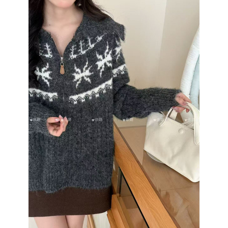 Alpaca Jacquard corteza suéter con cremallera chaqueta coreana gran solapa de pelusa sensación suave chaqueta glutinosa