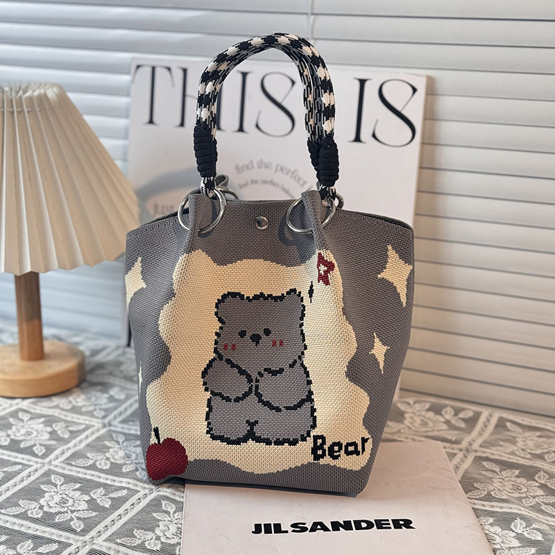 ニットハンドバッグ、ニッチデザインバケットバッグ、トートバッグ、ハンドバッグ、カジュアルで多用途なショルダーバッグ、ニットポータブルバッグ