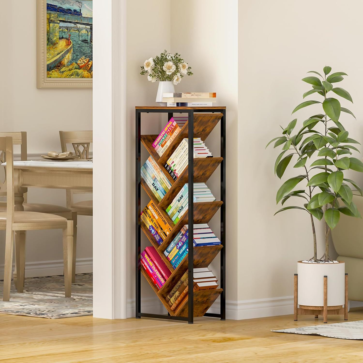 Modern Minimalist 9-Tier Floor-Standing Tree-Shaped Bookshelf Display Rack and Storage Rack, Wall-Mounted Multi-Layer Narrow Gap Storage Cabinet