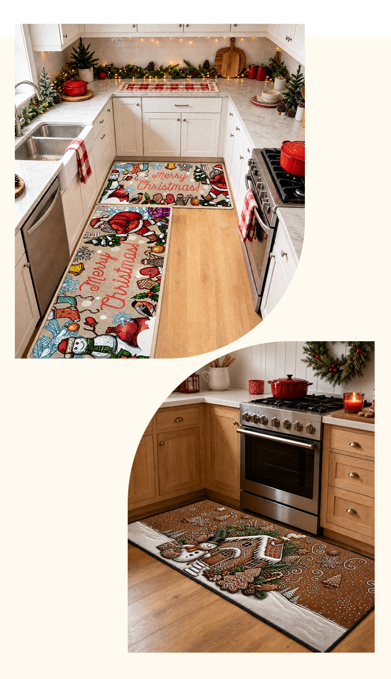 Cross-border Christmas kitchen floor mat two-piece set, festive atmosphere decorative carpet, water-absorbent, non-slip, dirt-resistant long strip foot mat