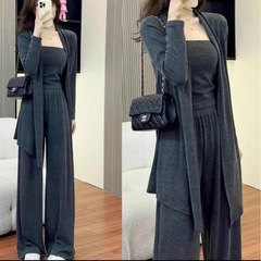 开衫外套背心阔腿裤休闲三件套女2025秋季新款显瘦慵懒风时尚套装