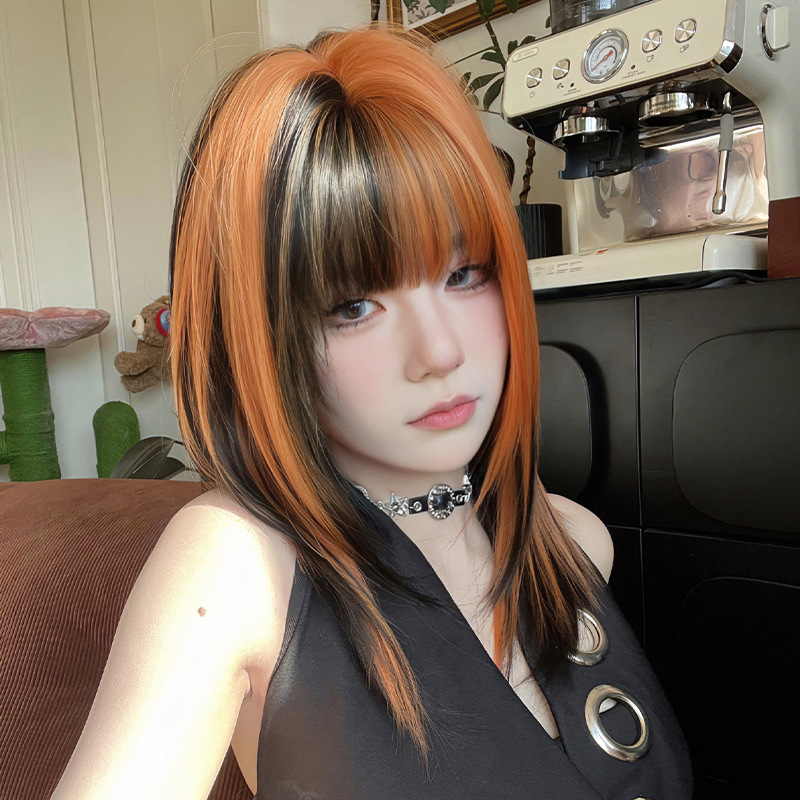 Wig women's long hair cross-border new black orange double straight hair full head cover chemical fiber simulation color matching head cover wholesale
