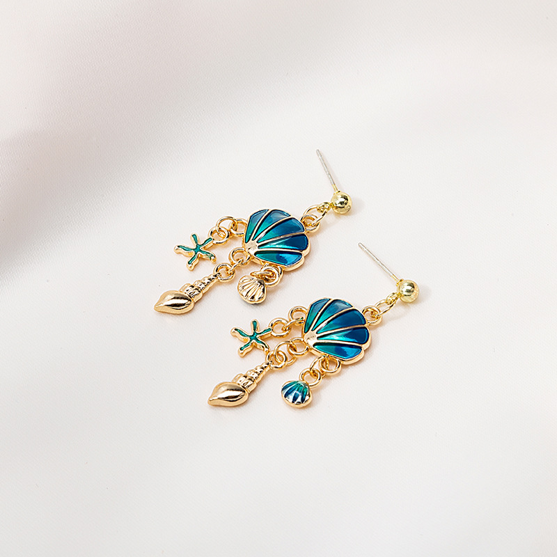 Fashion Ocean Series Blue Shell Star Asymmetric Alloy Drop Earrings display picture 1