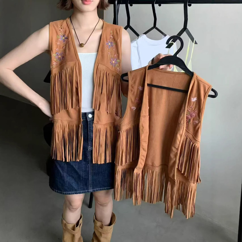 Feng Boss's Tassel Vest, Bohemian Faux Suede Outerwear, Short Cardigan, Layered Western-Style Jacket, Top for Women Feng Boss's Tassel Vest, Bohemian Faux Suede Outerwear, Short Cardigan, Layered Western-Style Jacket, Top for Women