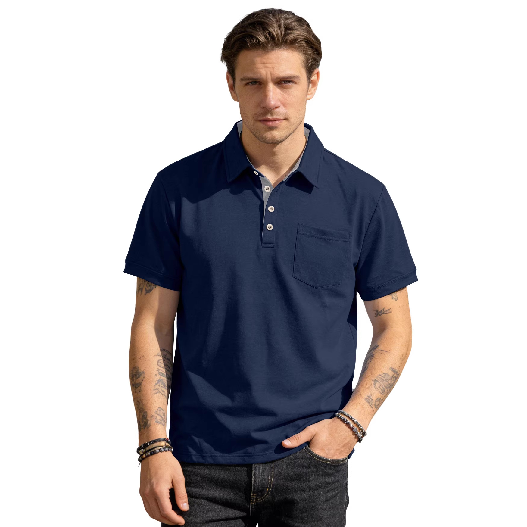 Nuevo transfronterizo Europa y América de verano hombre nuevo polo de manga corta con solapa de color sólido camiseta casual para hombre