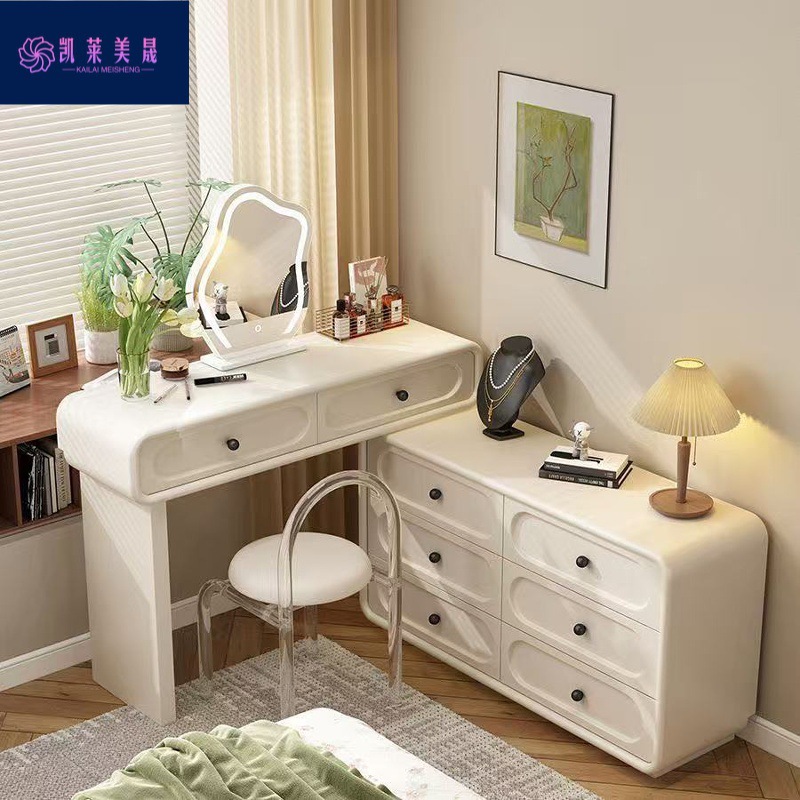French-Style Cream Dressing Table Bedroom Light Luxury Makeup Table with Storage Cabinet Integrated Dressing Table Wood