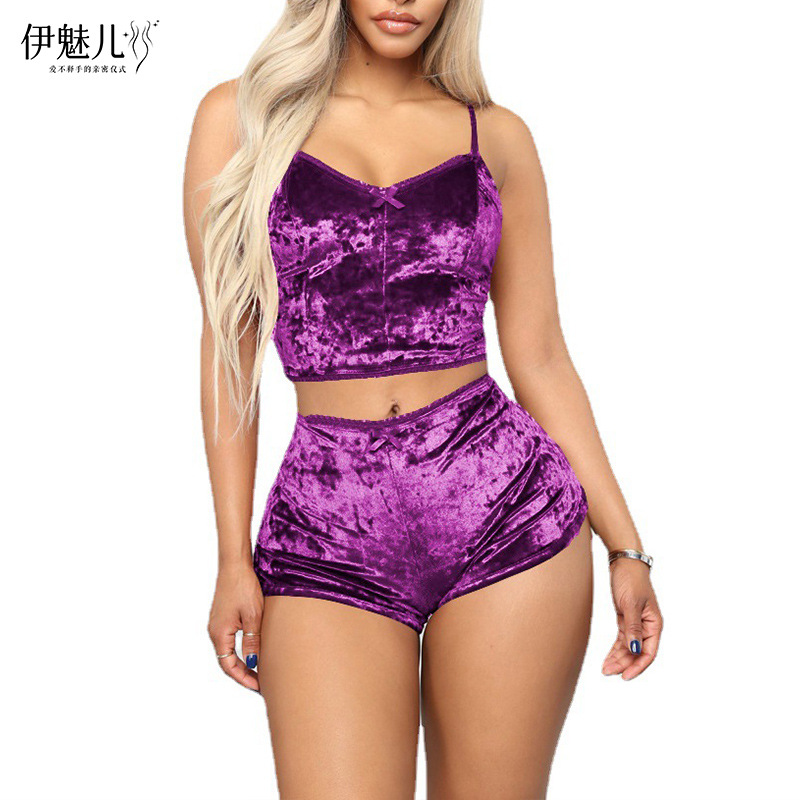 Comercio exterior transfronterizo sexy Lencería europea y americana terciopelo dorado sexy pantalones cortos de la Liga de las mujeres pijamas conjunto de dos piezas T1797