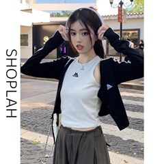 SHOPLAHアメリカ式クール颯風女装高級感ショートコート工字ベストストラップデザイン感2点セット
