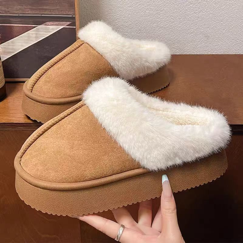 Furry Slippers for Women, Suitable for Outdoor Wear, 2025 Autumn and Winter New Style, Fur Integrated Snow Boots, Thick-Soled, Fleece-Lined, Closed-Toe Cotton Slippers