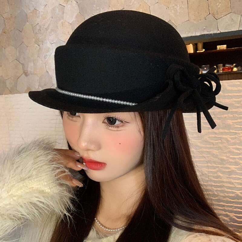 法式名媛风蝴蝶结优雅千金毛呢礼帽女赫本复古显脸小圆顶渔夫帽子|undefined