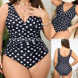 2025欧美外贸跨境新款大码波点聚拢露背紧身性感连体泳衣比基尼女