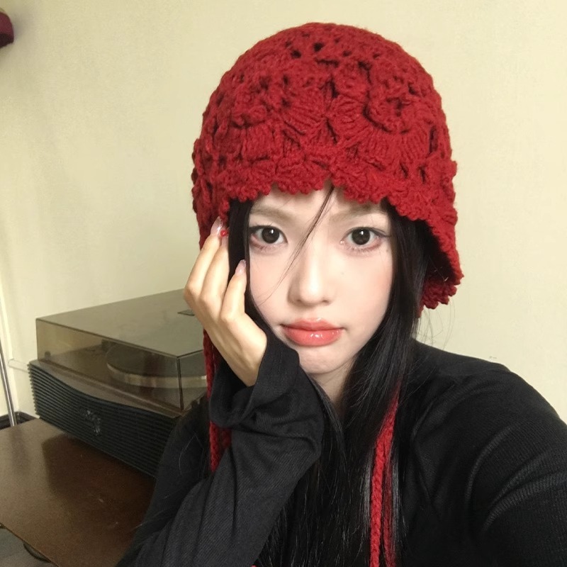 四川西部旅行花タッセル赤いウールの帽子女性の秋と冬のニットつば帽子耳保護顔小さなプルオーバー帽子|undefined