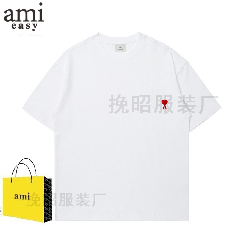AMI&EASY2025 新しい Tシャツメンズ愛刺繍ルーズオフショルダースリーブ夏のトレンディなファッション半袖トップ|undefined