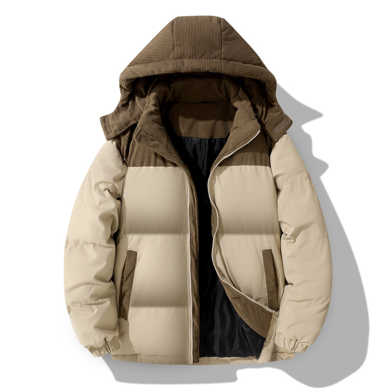 Men's Corduroy Puffer Jacket – Winter-Ready Colorblock Hooded Coat (Polyester-Filled, Detachable Hood, 3 Colors)_voghion.com