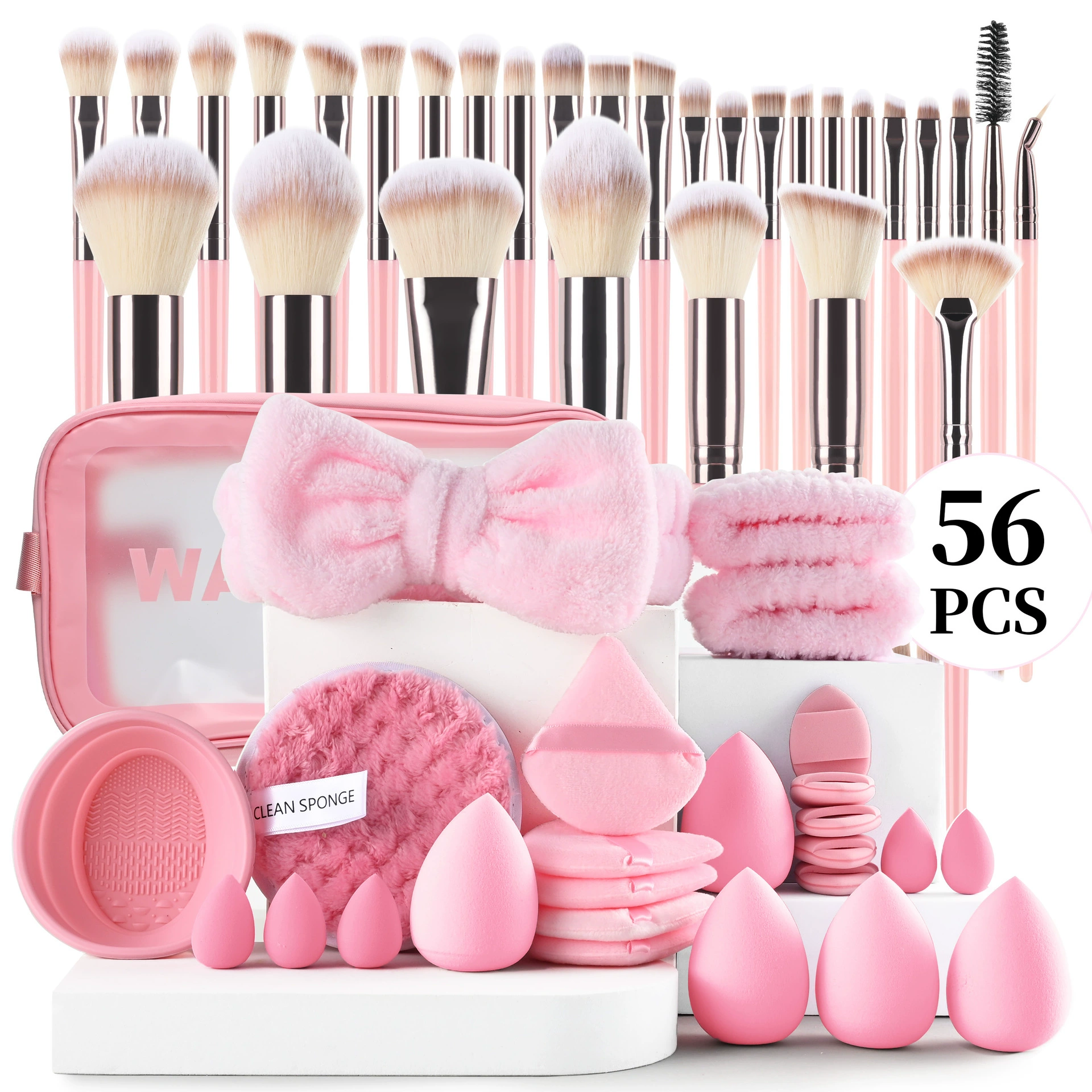 Набор для умывания и макияжа, комплект 24–69 шт., спонжи, кисти, повязка, мешочек для хранения