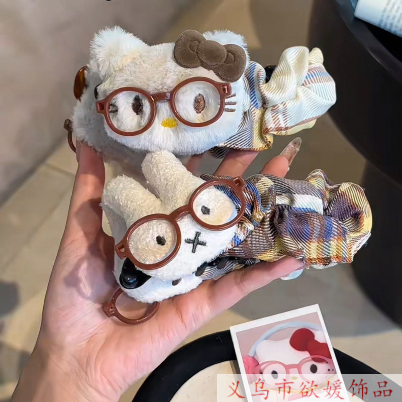 可爱毛绒卡通发饰Hello Kitty+兔子格纹香蕉夹 甜美少女心头饰|undefined