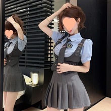 学院风制服套装女夏泡泡袖衬衫+叠穿马甲背心+百褶半身裙三件套