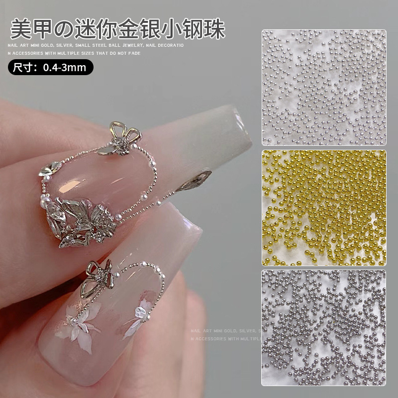Mini Small Steel Beads 0.4mm Size Set Nail Art Decorations Gold and Silver Round Beads Nail Art Rhinestones Wholesale