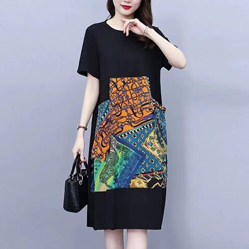 Summer New Fat Women Loose Plus Size Belly Covering Slimming Elegant Youthful Print Splicing Plus Size Dress Women