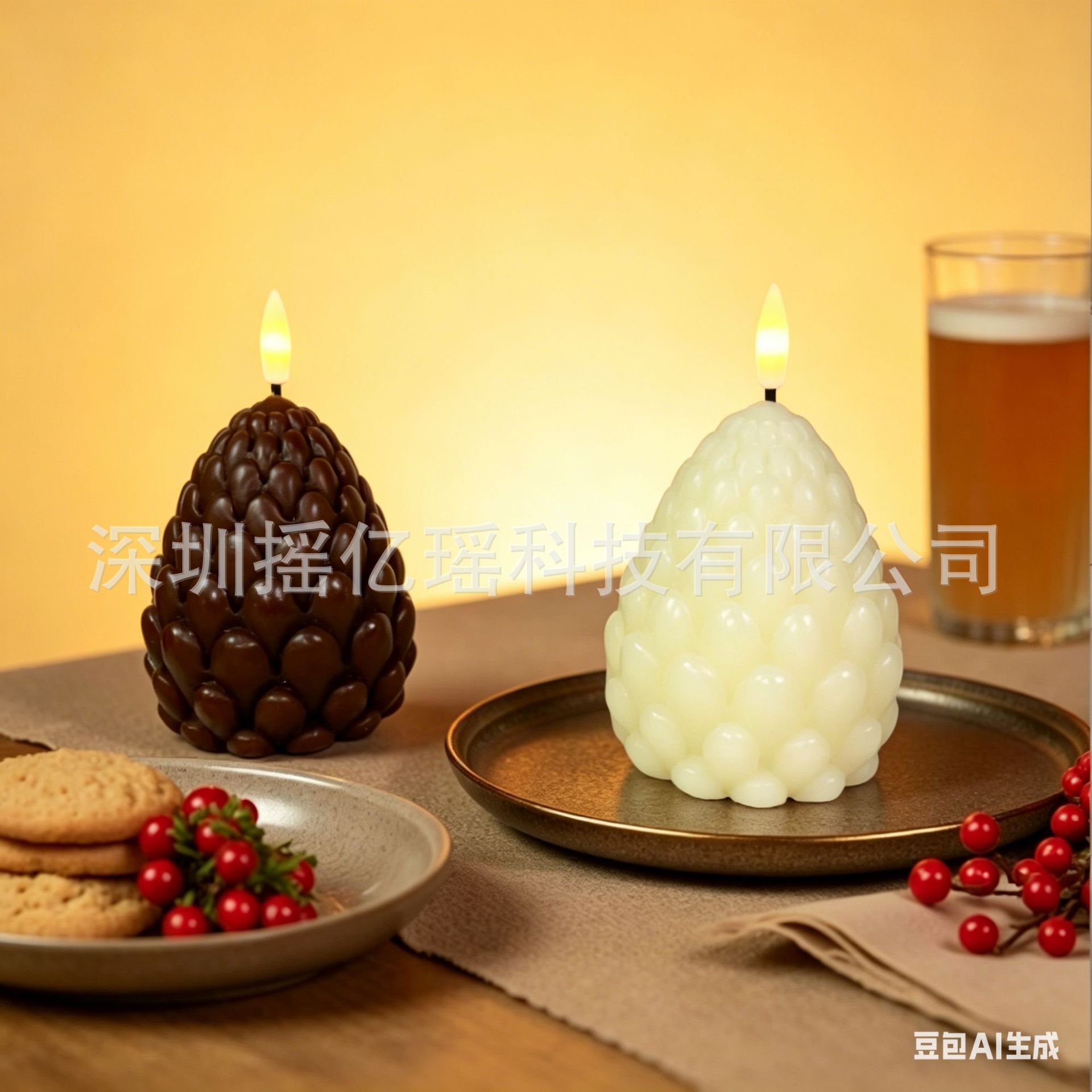 仿真松塔电子蜡烛灯 可遥控调光石蜡蜡烛 圣诞家居庭院装饰摆件