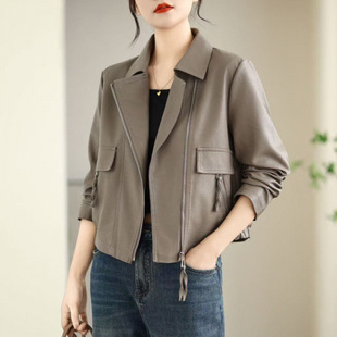 2025 Spring New Lapel Fashionable Pocket Handsome Spring and Autumn Leather Fashion Shaped Top Solid Color Jacket for Women