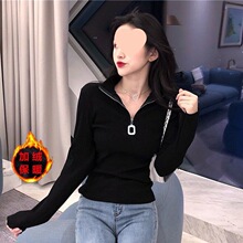加绒加厚半高领洋气修身拉链长袖打底针织衫上衣内搭毛衣女秋冬装