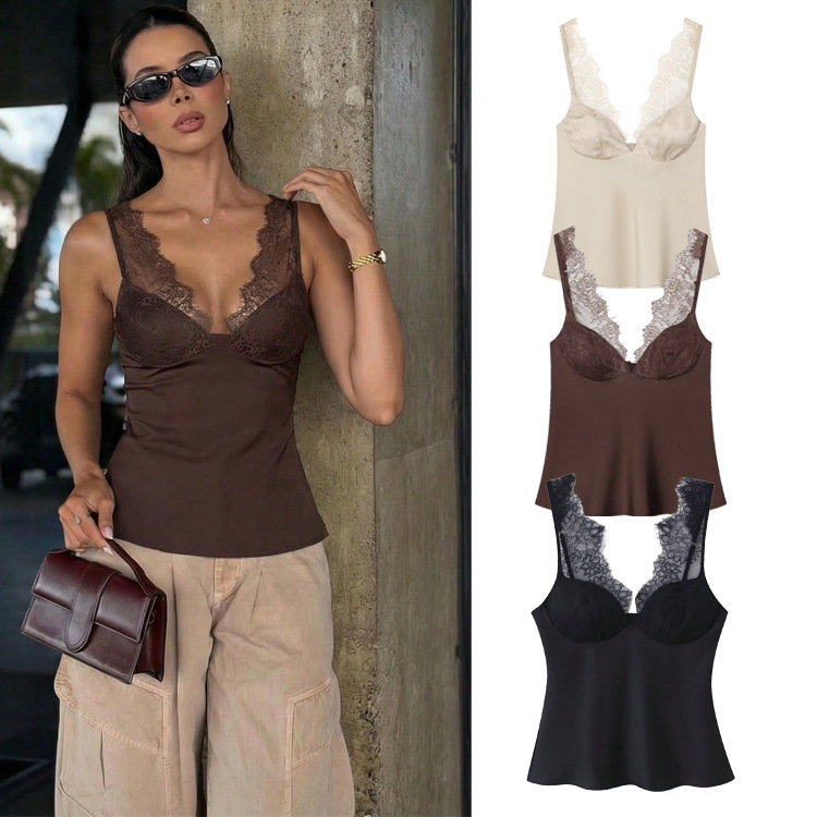 Women's Lace Satin Sleeveless Vest Top American Style Fashionable Autumn Winter Clothing Regular Fit Tank Camis_ecoleips.com