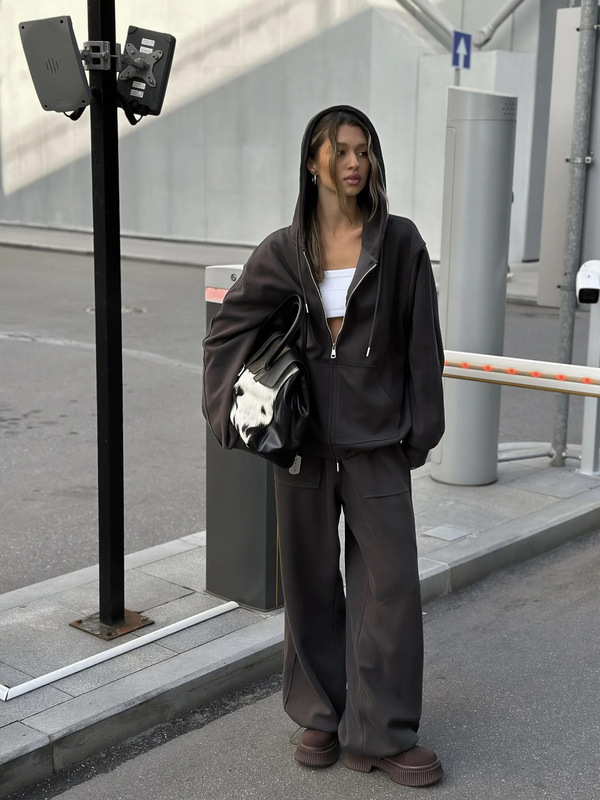 欧美跨境街头风休闲套装纯色长袖拉链连帽衫外套系带阔腿裤二件套|undefined