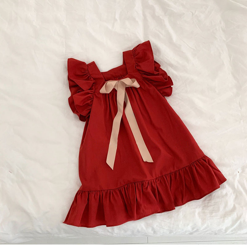 Children's Skirt Summer Red Dress Girls New Spring Baby Girl Fashionable Princess Dress Puff Sleeve Style Summer Dress