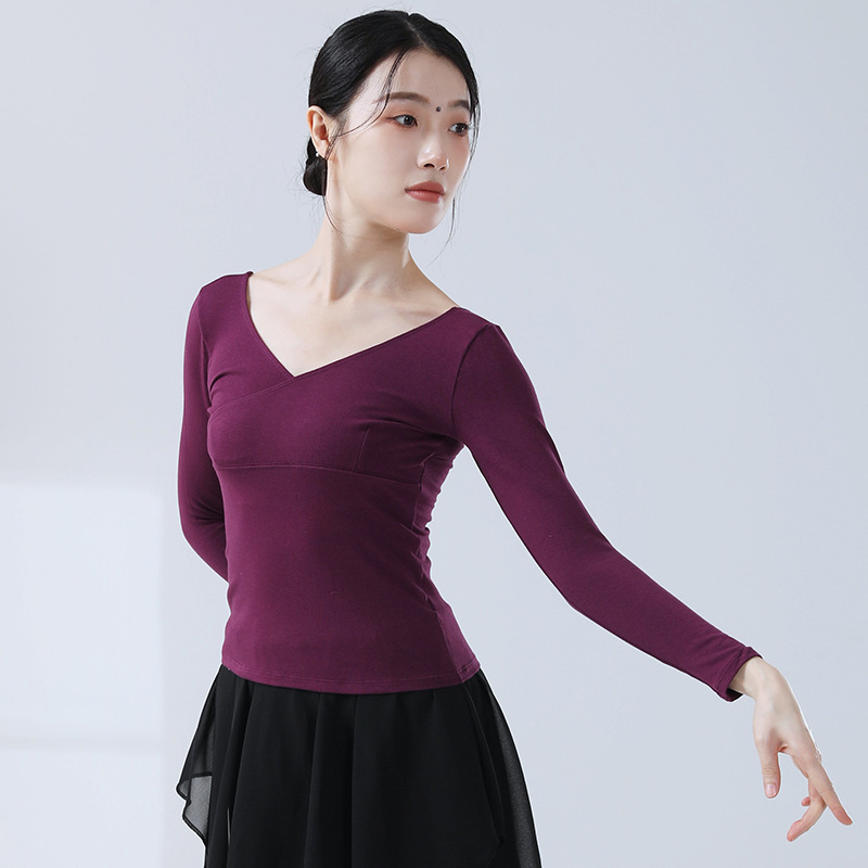 現代ダンス服成人芸学校芸考学生ダンス服長袖上着練習服ヨガ服大vネック|undefined