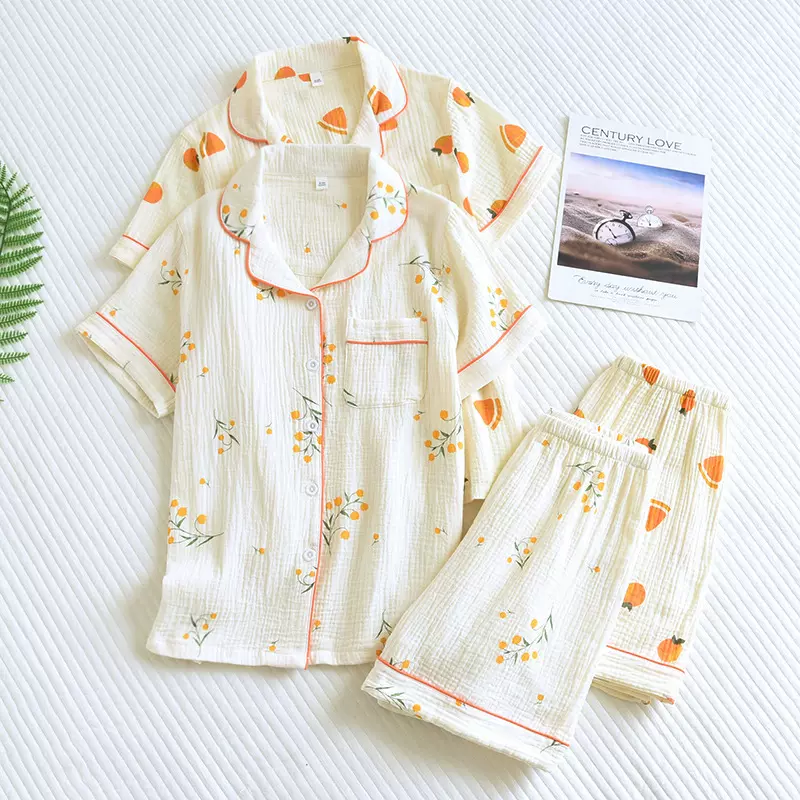 睡衣女士夏季棉纱短袖短裤家居服女款夏天薄款绉布棉休闲居家套装